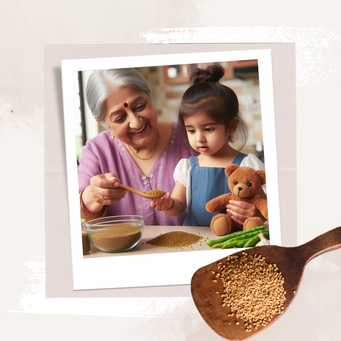 Grandma and grand kid with methi seeds