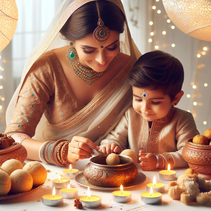 Mother and son enjoying laddu