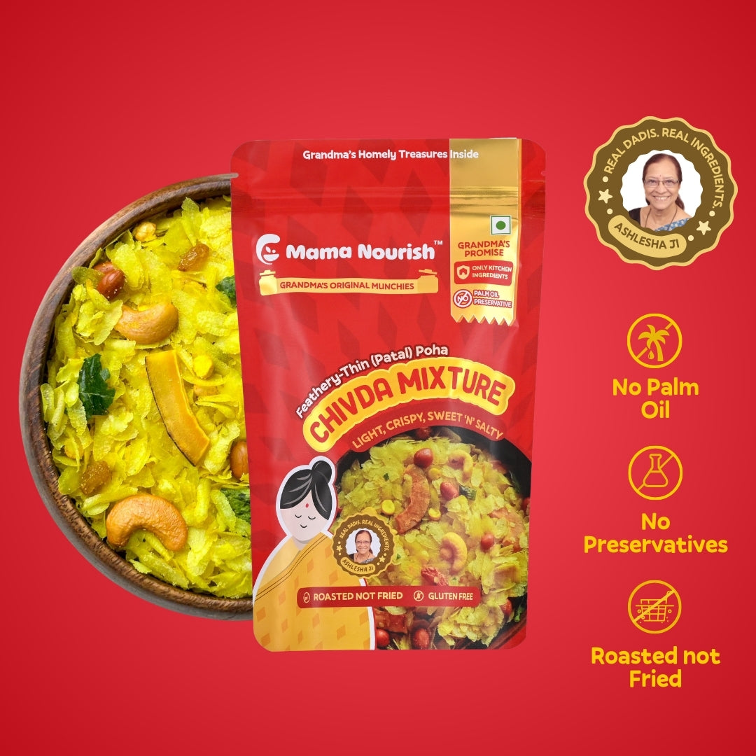 Mama Nourish Chivda Mixture – Patal (thin) Poha | Roasted, Not Fried | Light, Flavourful, Guilt-Free Snacking | 100% Preservative-Free (Packs of 2)