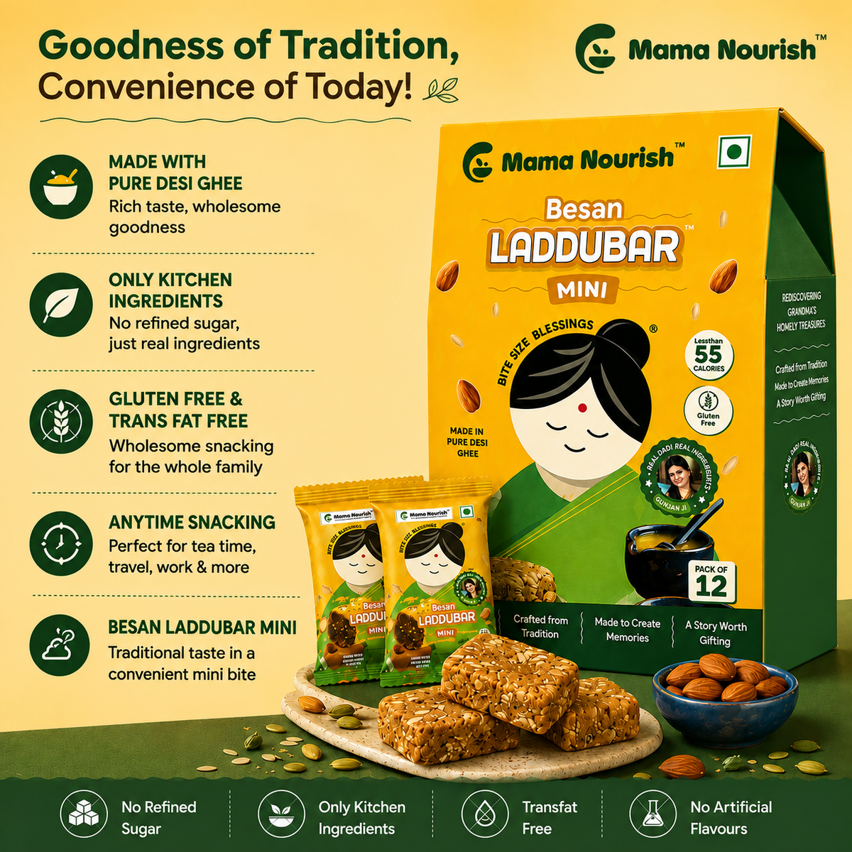 Mama Nourish Besan Laddubar Mini Made With Pure Desi Ghee (Pack of 12)