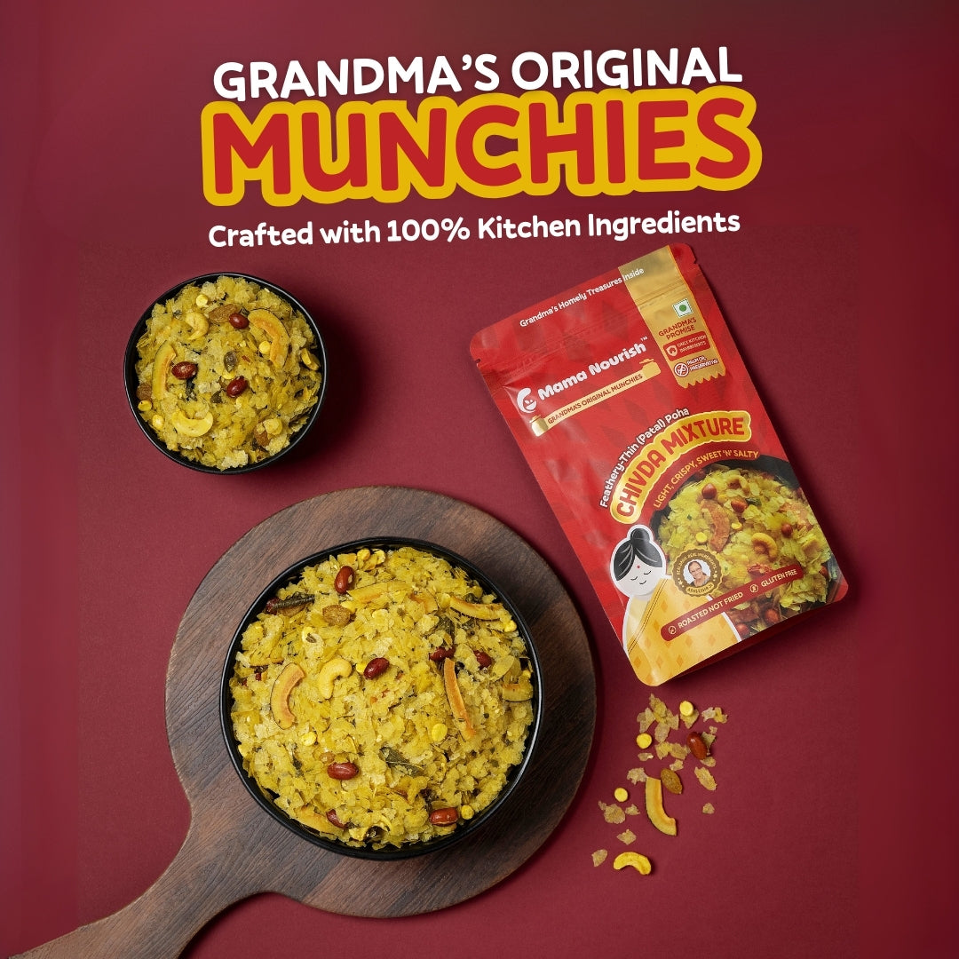 Mama Nourish Chivda Mixture – Patal (thin) Poha | Roasted, Not Fried | Light, Flavourful, Guilt-Free Snacking | 100% Preservative-Free (Packs of 2)