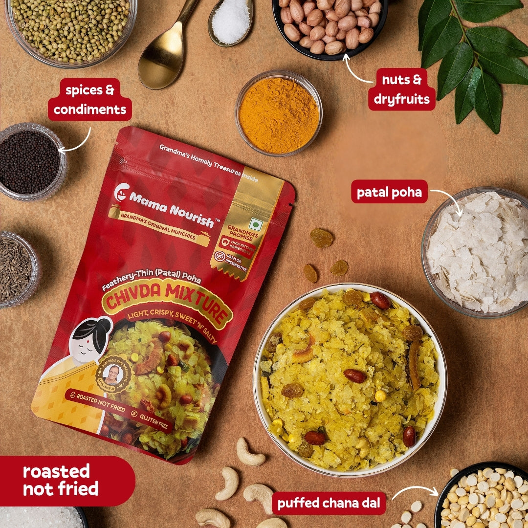 Mama Nourish Chivda Mixture – Patal (thin) Poha | Roasted, Not Fried | Light, Flavourful, Guilt-Free Snacking | 100% Preservative-Free (Packs of 2)
