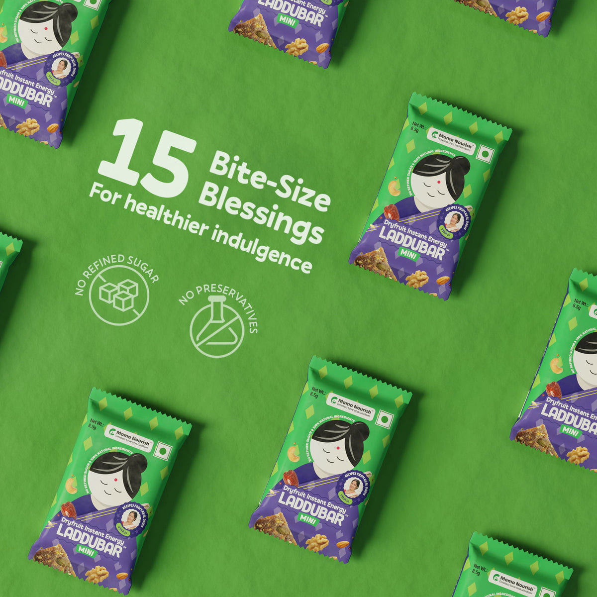 Laddubar Mini Dryfruit Energy Bars | No Refined Sugar & Preservatives Free | Bite Size Blessings | Pack of 15 - Mama Nourish