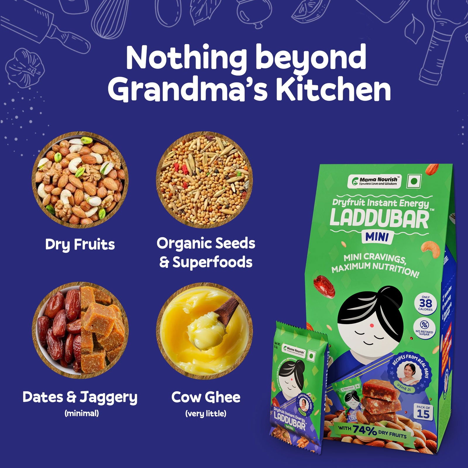 Laddubar Mini Dryfruit Energy Bars | No Refined Sugar & Preservatives Free | Bite Size Blessings | Pack of 15 - Mama Nourish