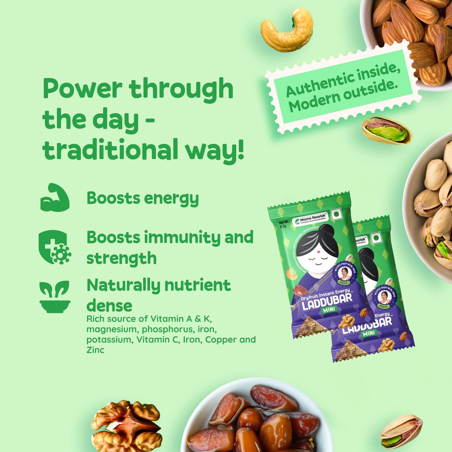 Laddubar Mini Dryfruit Energy Bars | No Refined Sugar & Preservatives Free | Bite Size Blessings | Pack of 15 - Mama Nourish