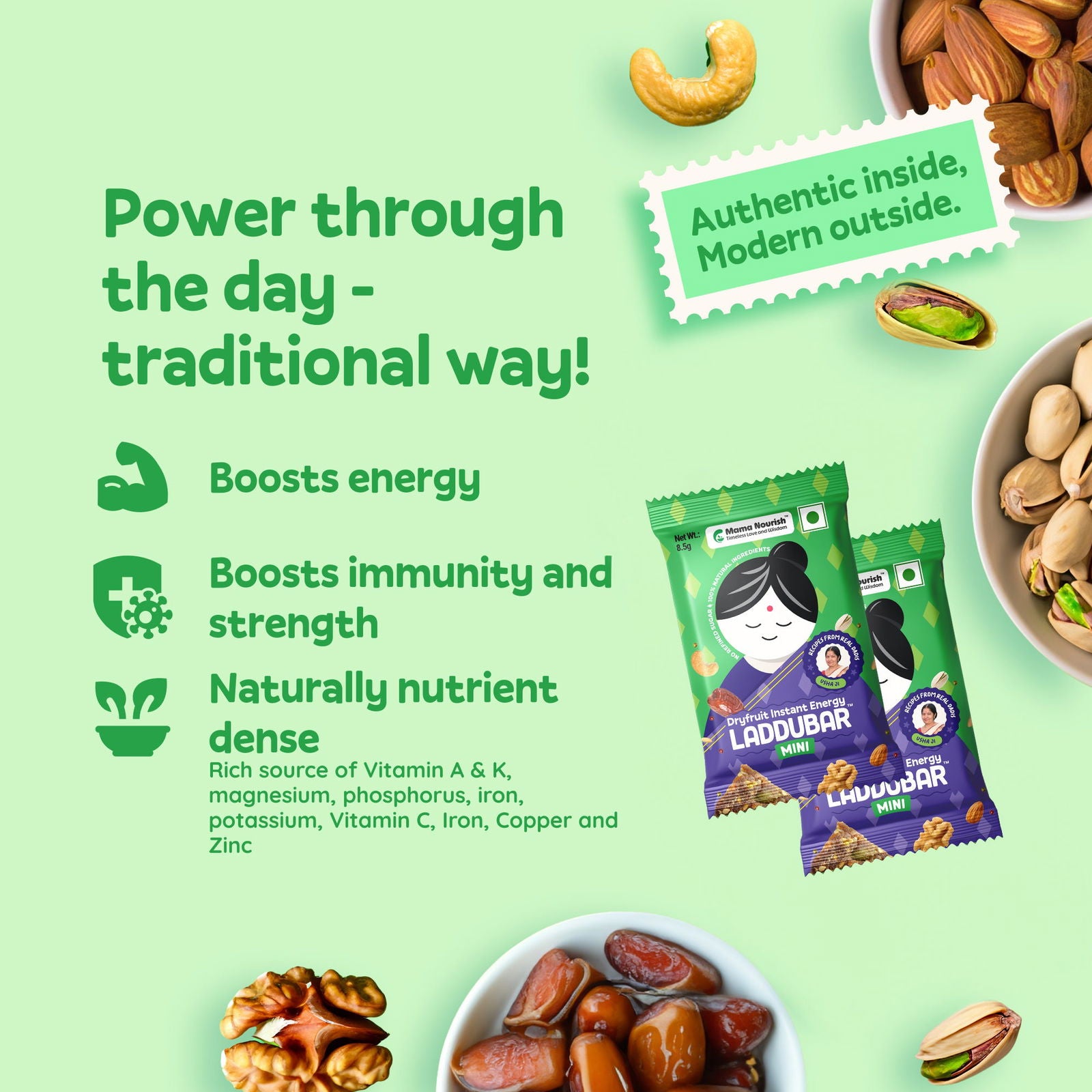 Laddubar Mini Dryfruit Energy Bars | No Refined Sugar & Preservatives Free | Bite Size Blessings | Pack of 15 - Mama Nourish